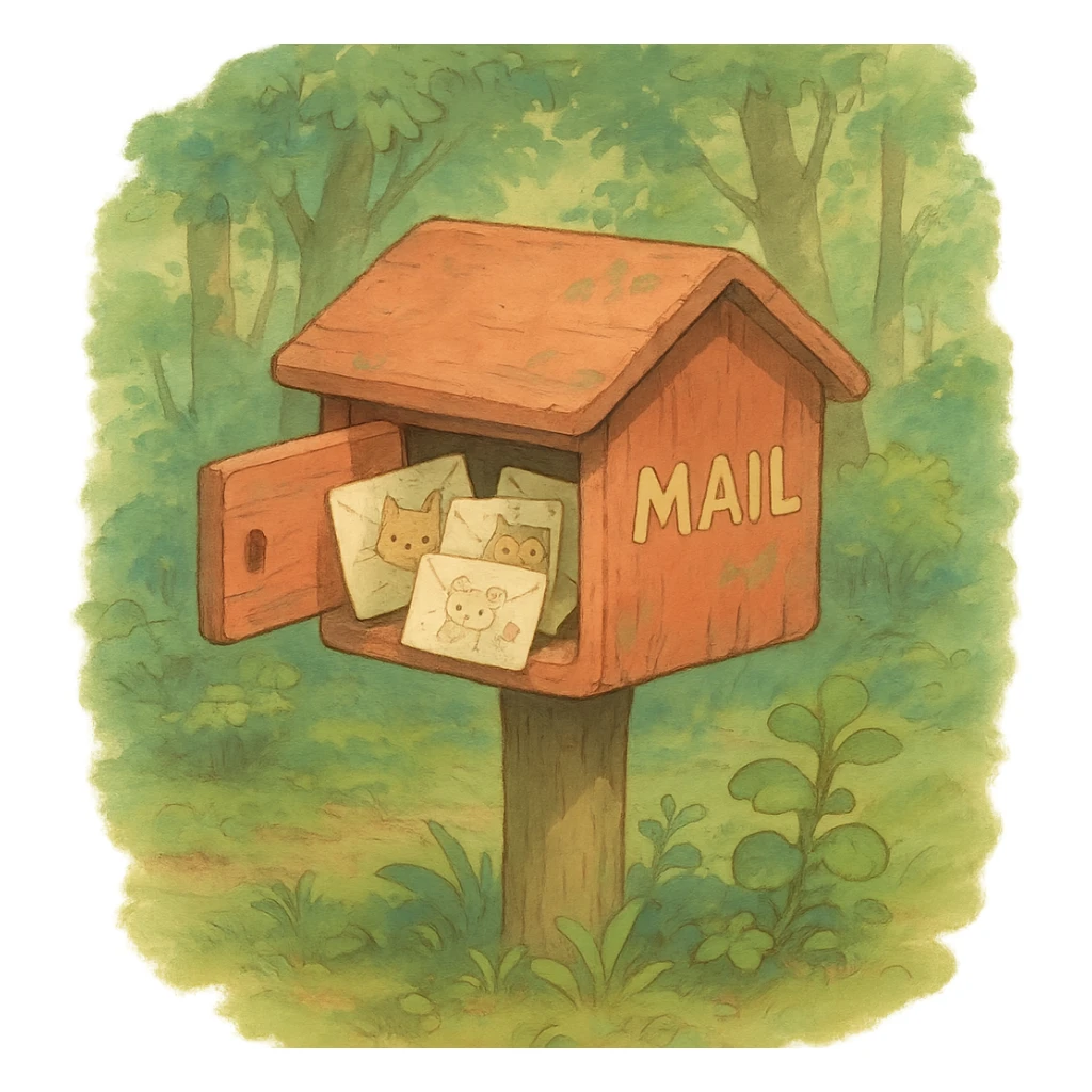 forest mailbox with tiny animal letters, cozy woodland theme, soft pastel colors, ghibli style sticker