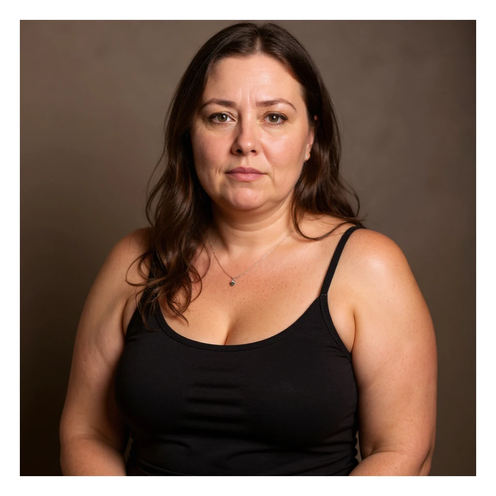 Hyperrealistic vertical portrait inspired by the reference photo: a woman with significant cellulite, visible face showing a desperate and tired expression, identical pose to the photo, extremely detailed skin with realistic texture, natural shadows, neutral background, vertical composition. sticker