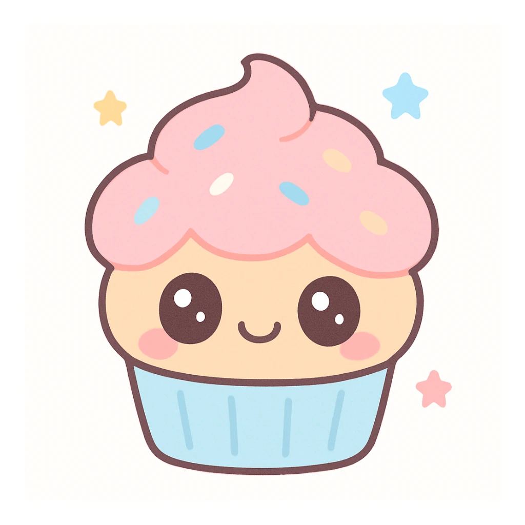 cute cupcake with pink icing, kawaii cartoon style sticker