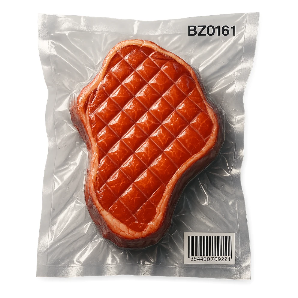 diamond-textured meat steak, shiny and inflated, vacuum-sealed style sticker