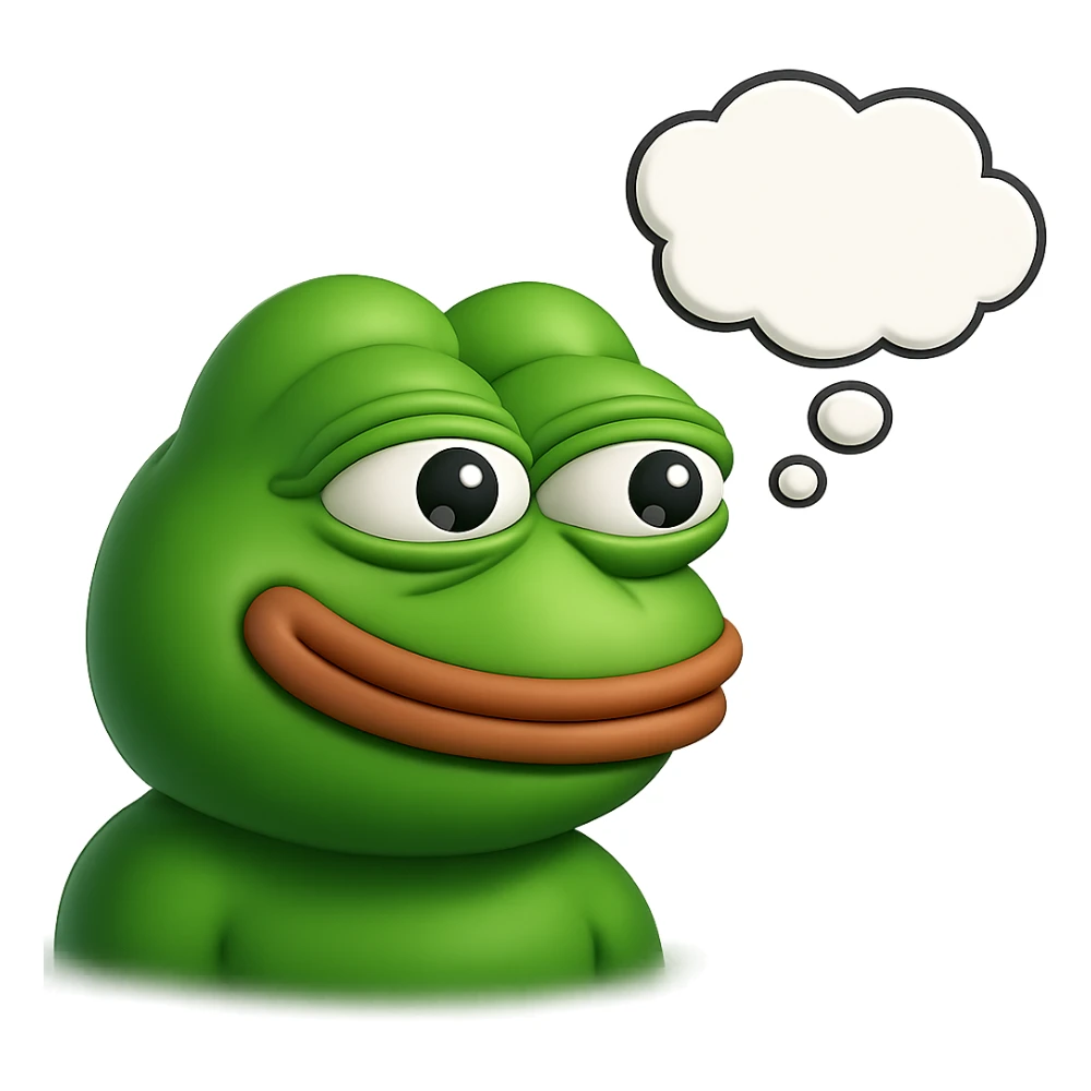 make a pepe in bright green smiling with thought bubble looking at right side in 3d style, good highlights and shadows, drop shadows sticker