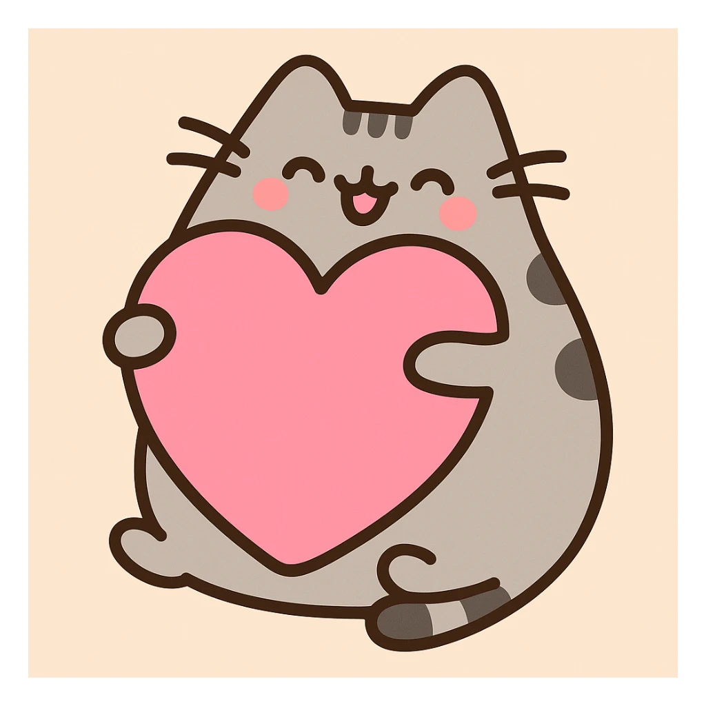 Pusheen hugging a big heart, pastel colors, adorable, pastel toon style sticker