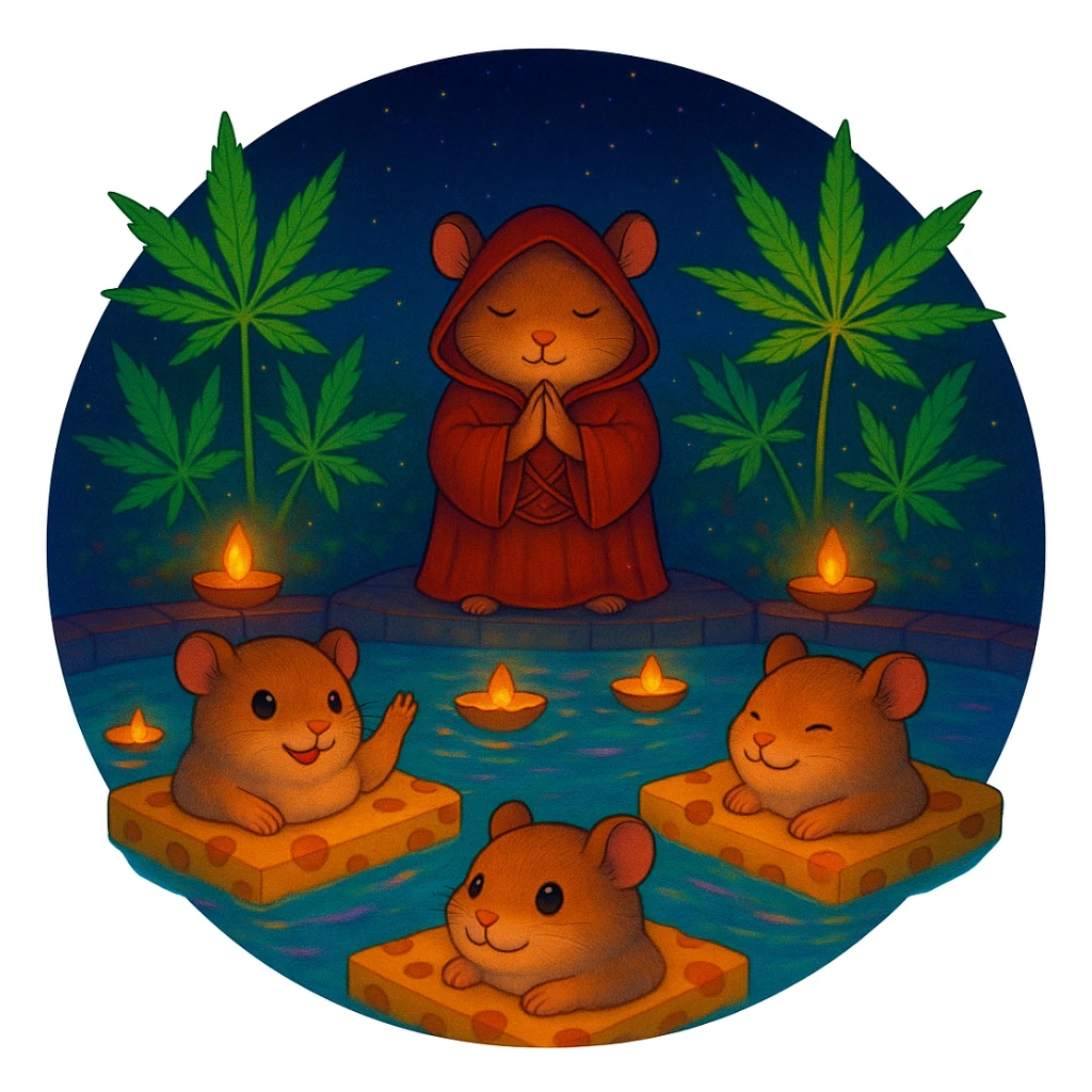 Reformat the image for a Discord server icon: crop to a centered, simple, circular composition, keep the main hamster cult pool party theme, vibrant Ghibli style, clear at small size. sticker