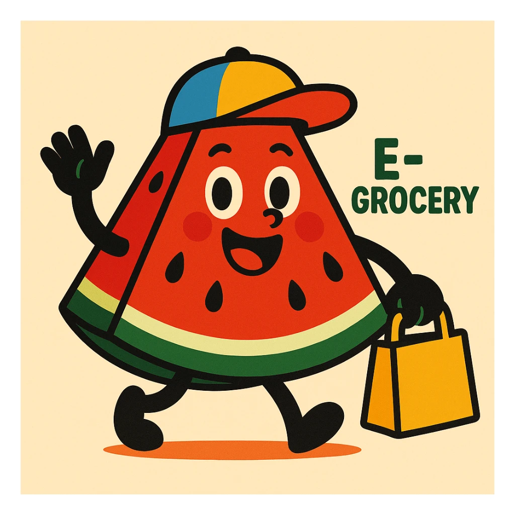 watermelon slice mascot with arms and legs, wearing a cap, representing an egrocery service, cheerful and inviting sticker