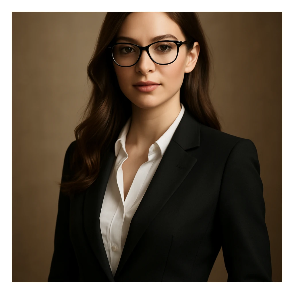 a pretty girl with glasses, wearing a suit, elegant and confident, soft lighting sticker