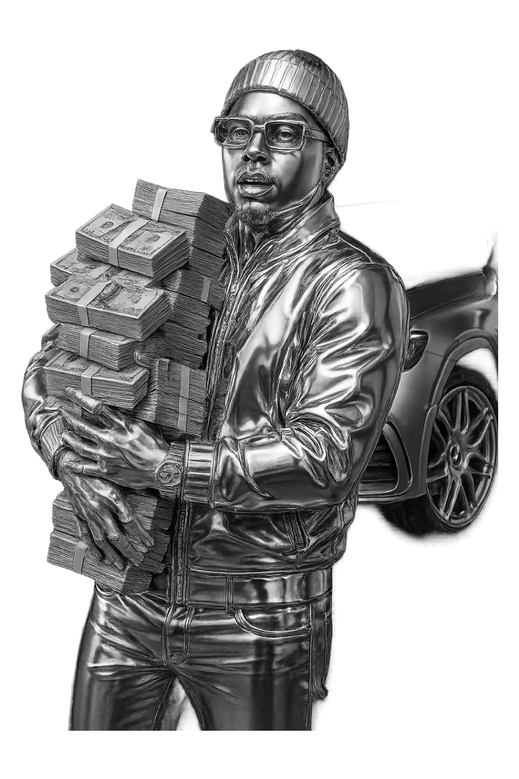 Create a chrome icon version of the person in the reference image with realistic white skin tone and natural facial features. The hoodie, hat, and clothing should be chrome. Add Cartier-style glasses. Replace the car behind him with an AMG model. The money should remain realistic US dollar bills. The overall style should be bold and iconic, with only the clothes and accessories in chrome, not the skin. sticker