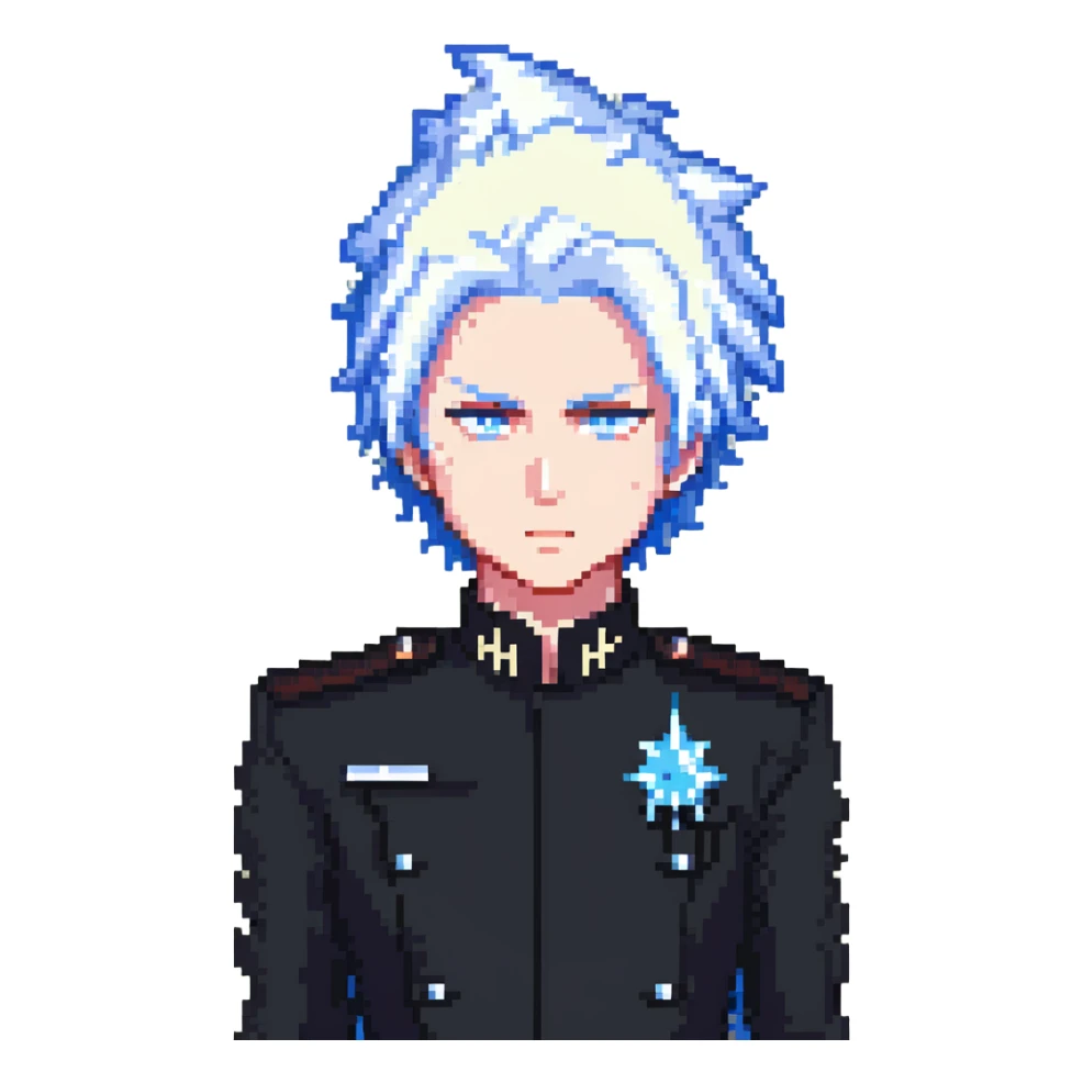 Gojo Satoru, pixel art, standing pose, white spiky hair, black uniform, blue eyes, minimal background sticker