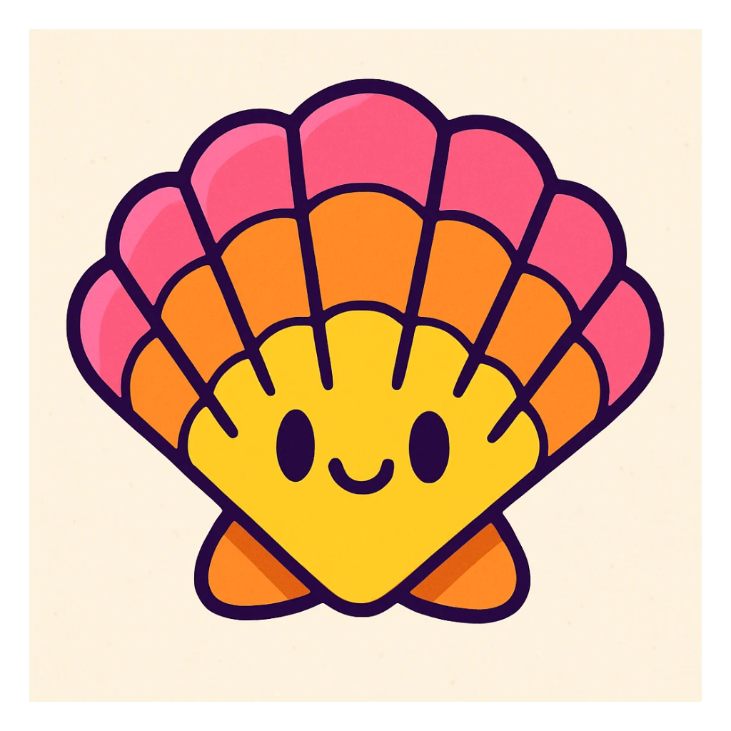 seashell, cartoon style, bright colors, cute sticker