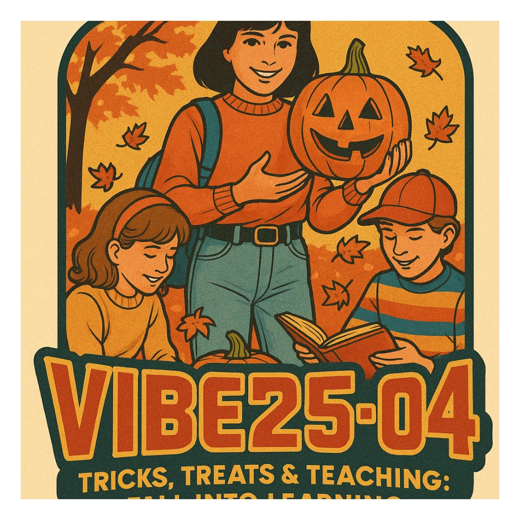 Create a logo that encompasses a retro 80's feel, nostalgic, ALSO RETRO.  Add the words "VIBE25-04: Tricks, Treats & Teaching: Fall Into Learning" sticker