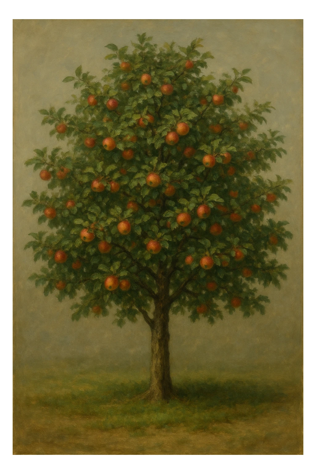 Сгенерируй мне яблоню в стиле реалистичной живописи на однородном фоне sticker