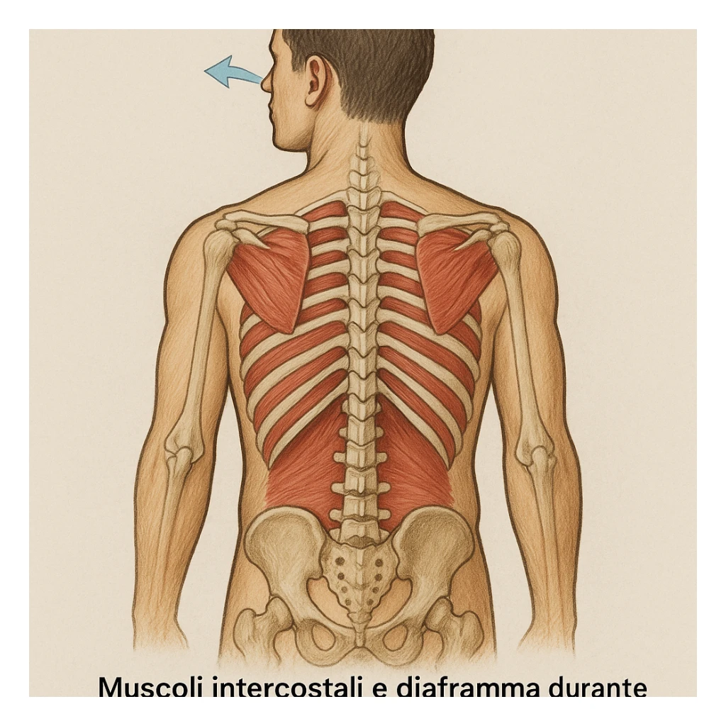 rear view highlighting intercostal muscles and diaphragm during deep nasal breathing, caption in Italian sticker