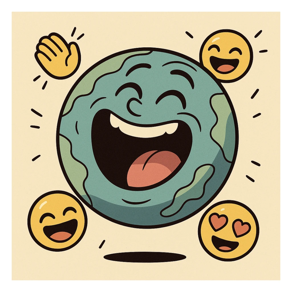 a planet with a wide open mouth, laughing, surrounded by floating emojis, colorful and lively, cartoon style sticker