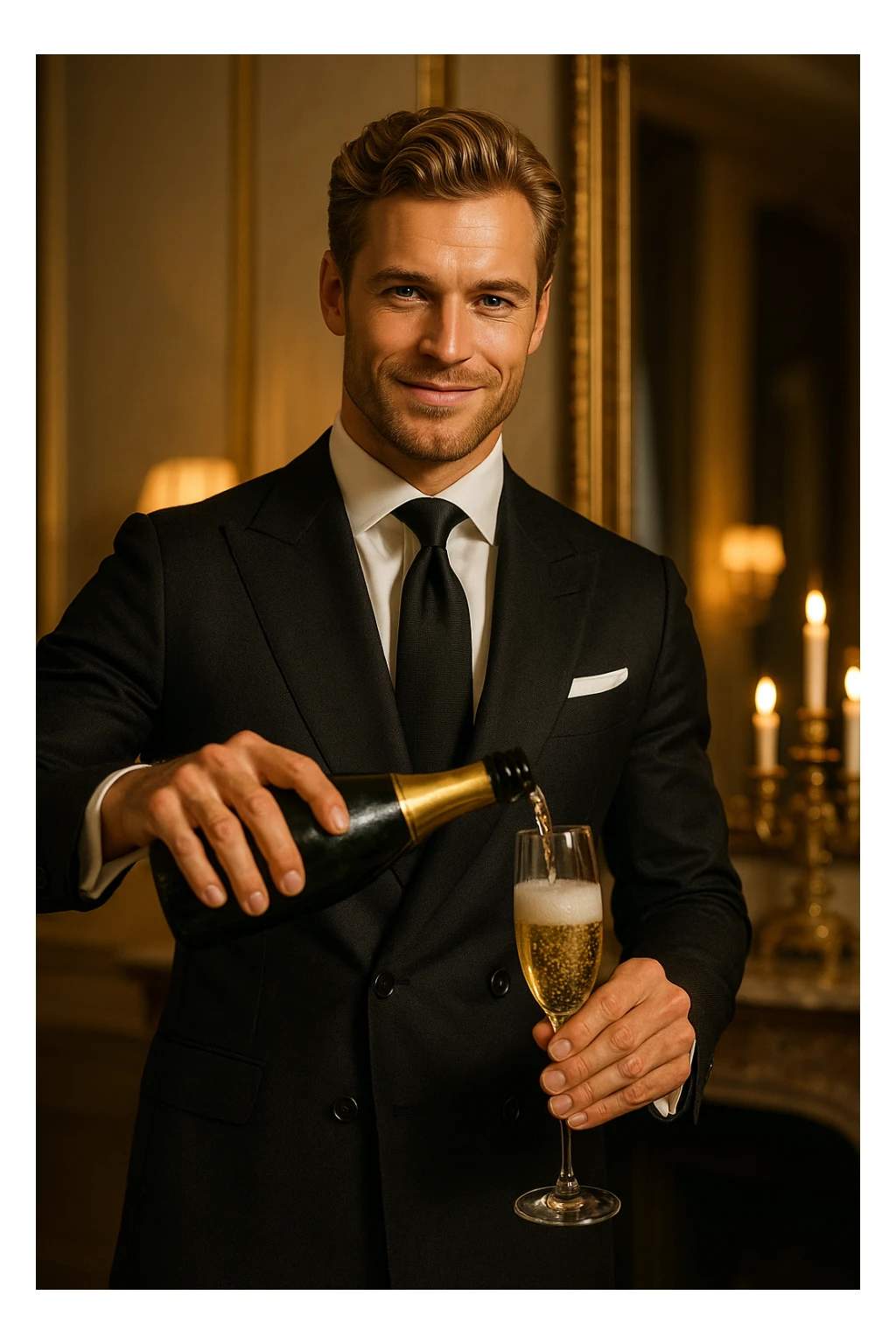A rich, fit, blonde white man in a suit, confidently pouring champagne, exuding intelligence and luxury. sticker