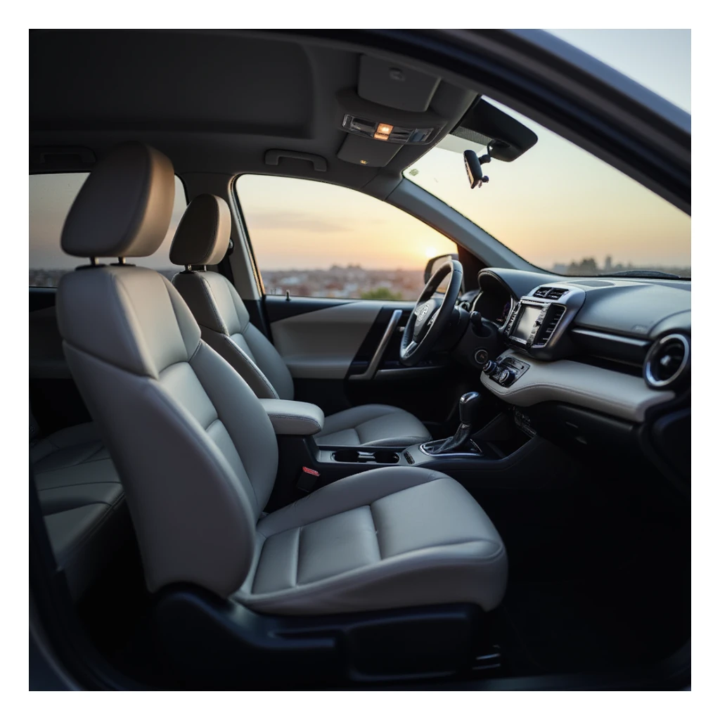 realistic interior of Toyota RAV4, front seats and dashboard sticker