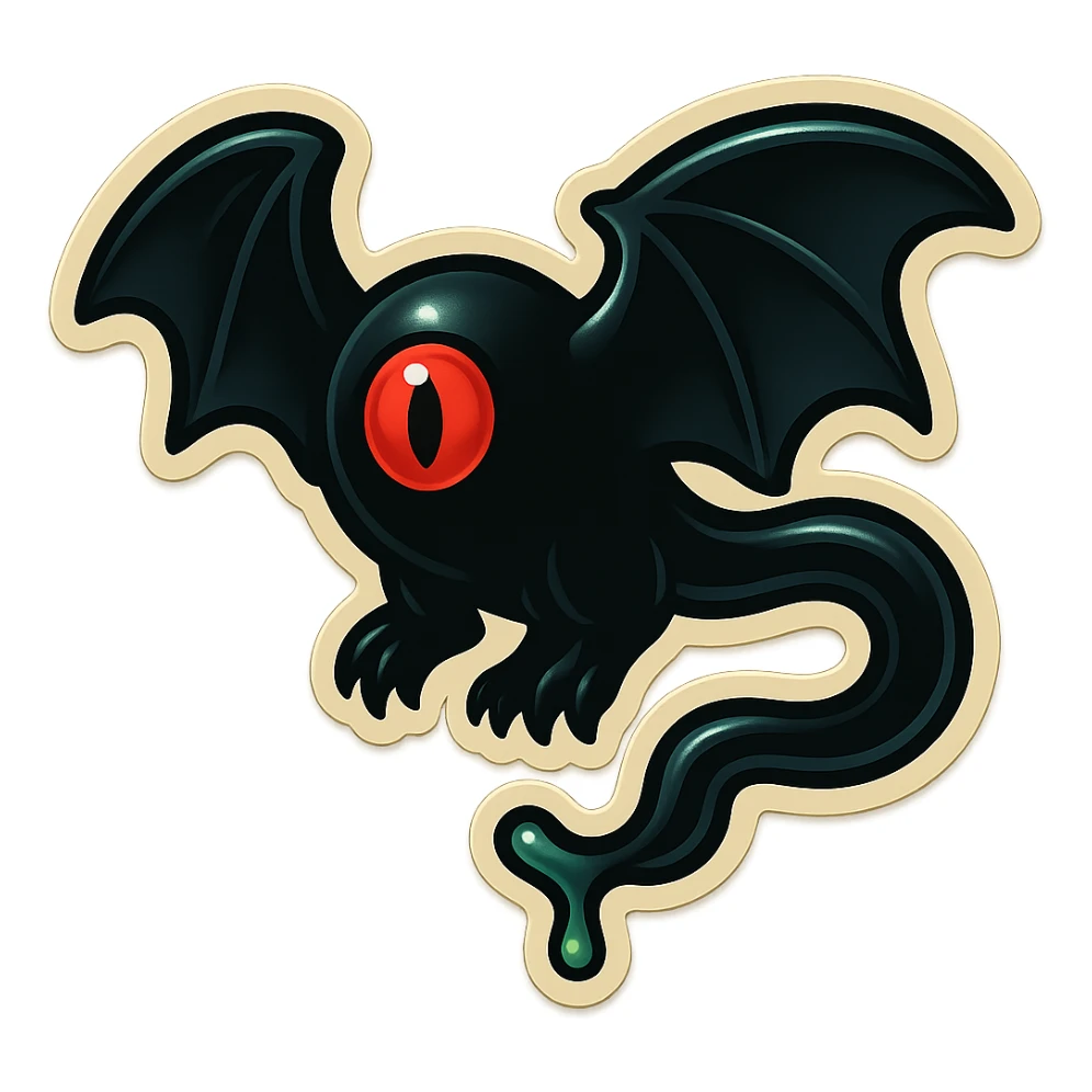 an all black reptilian bat-like creature. One cyclopian red eye in its face. no visible mouth or ears. 2 hind legs with claws. has a long tale with a stinger that drips green poison. no ears. no horns. no arms. sticker