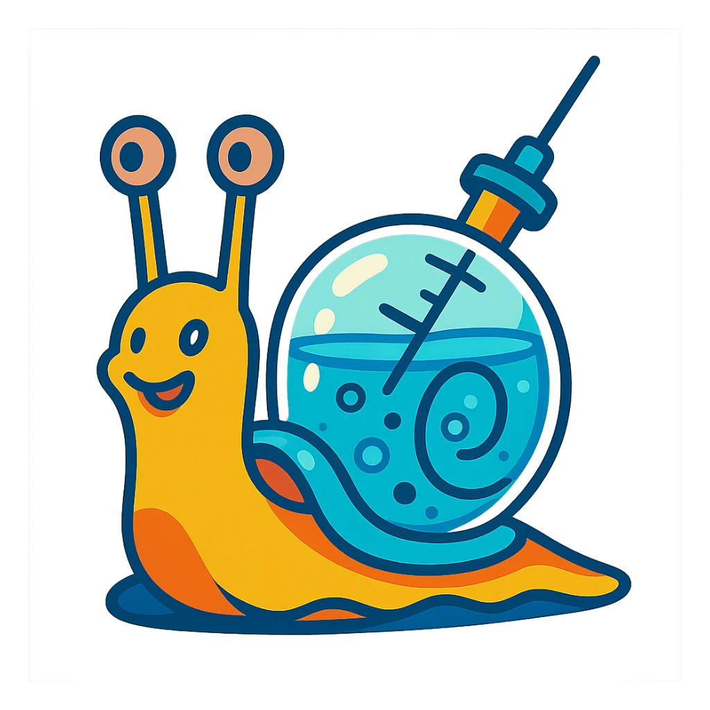 a snail with a transparent shell filled with liquid like a syringe, vibrant toon style, whimsical and colorful sticker