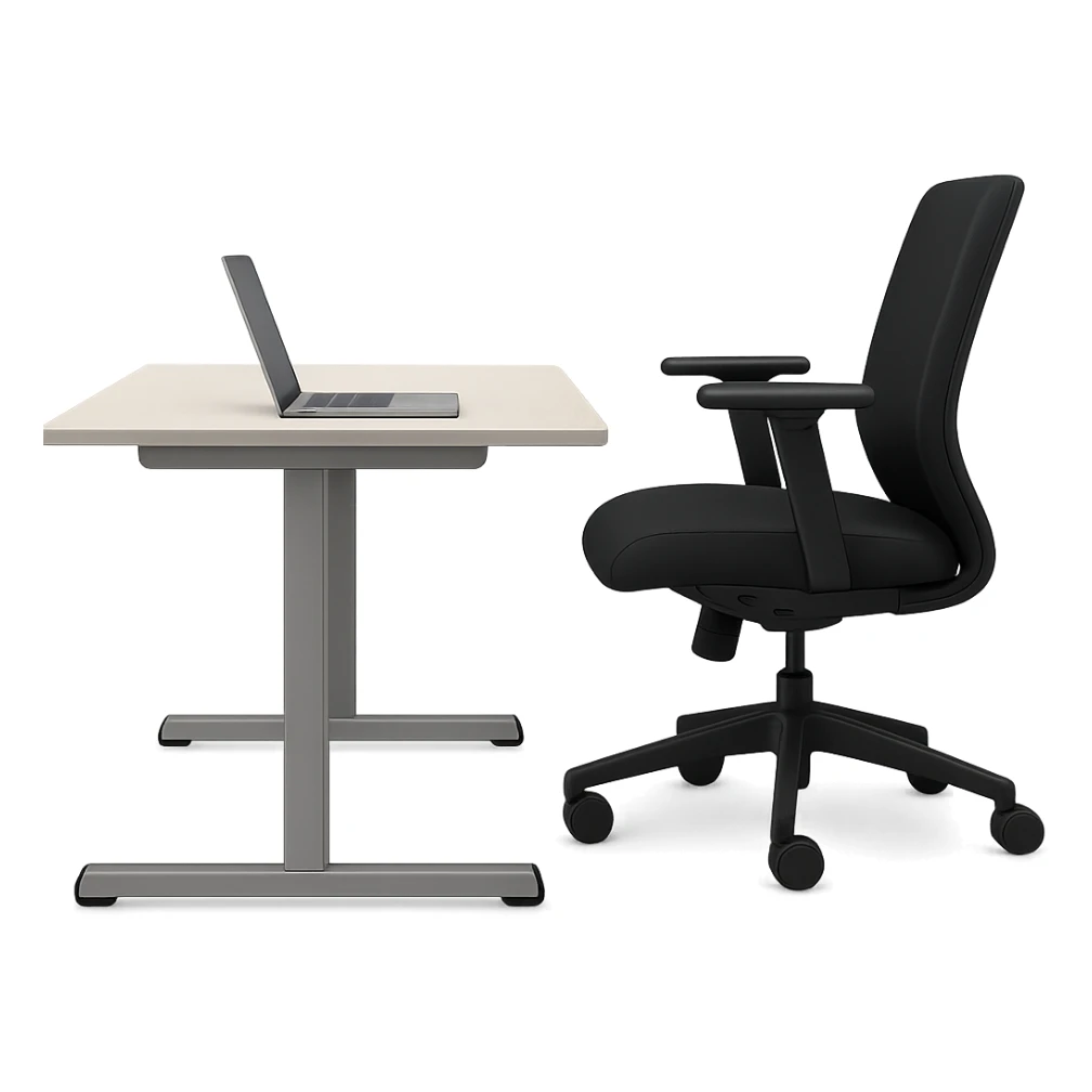 Add a laptop on the desk, keep the style and side view. The style is a side view illustration with no background. sticker