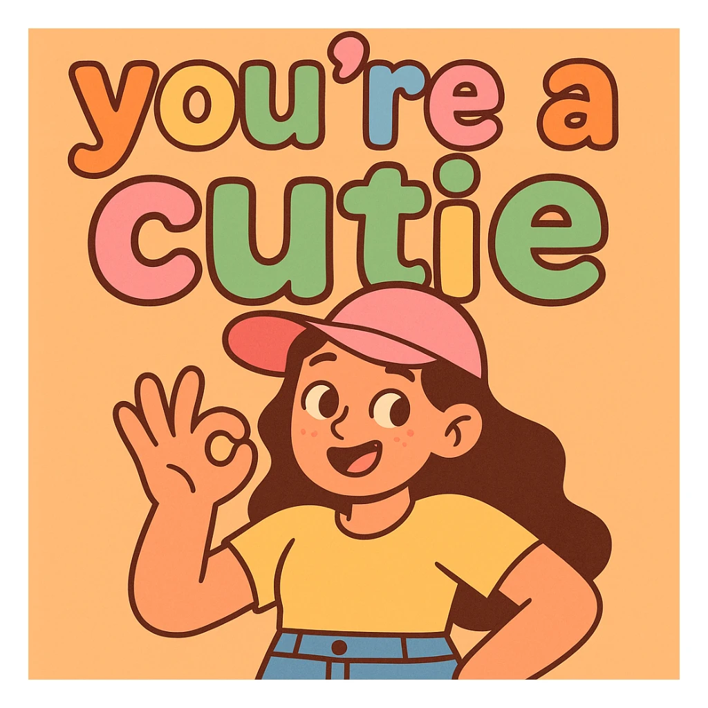 text: "you're a cutie" with each letter a different pastel rainbow color, very thick and cartoonish font, lively and cute sticker