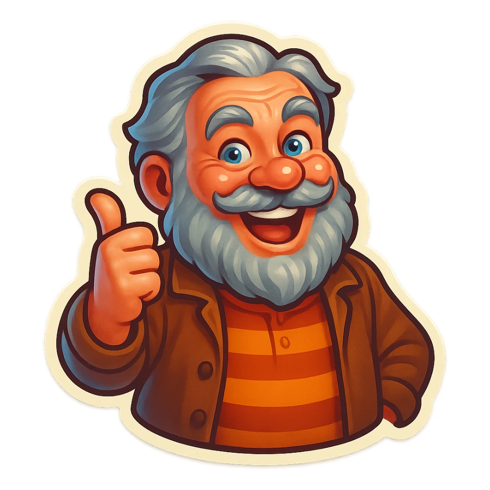 A dwarf with gray hair, a gray mustache, a gray beard, and gray eyebrows. He has blue eyes and wrinkles on his forehead. He is wearing a striped t-shirt and a brown jacket. The dwarf is displaying a fun emotion. sticker