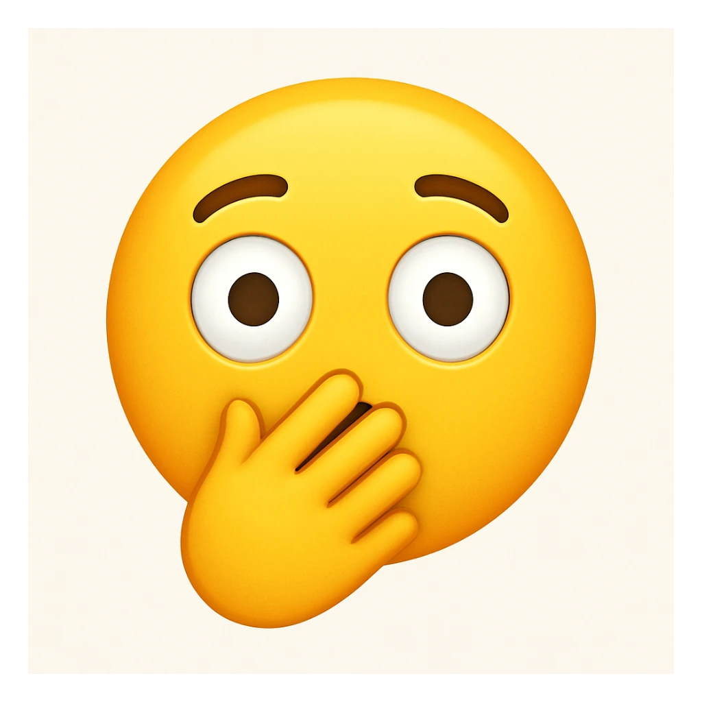 Create an emoji style image with a surprised facial expression, showing only one hand directly in front of the mouth. The style should be stylized and consistent with emoji aesthetics, with no other hand visible. Use a light background. sticker