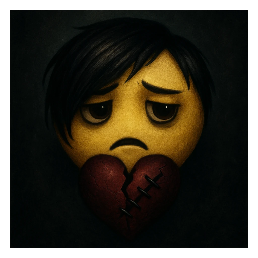 emo emoji, black and deep red heart, stitched, broken or cracked, moody atmosphere sticker