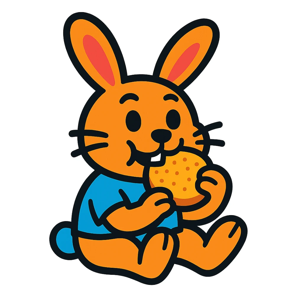 cartoon rabbit eating a rusk, vibrant toon style sticker