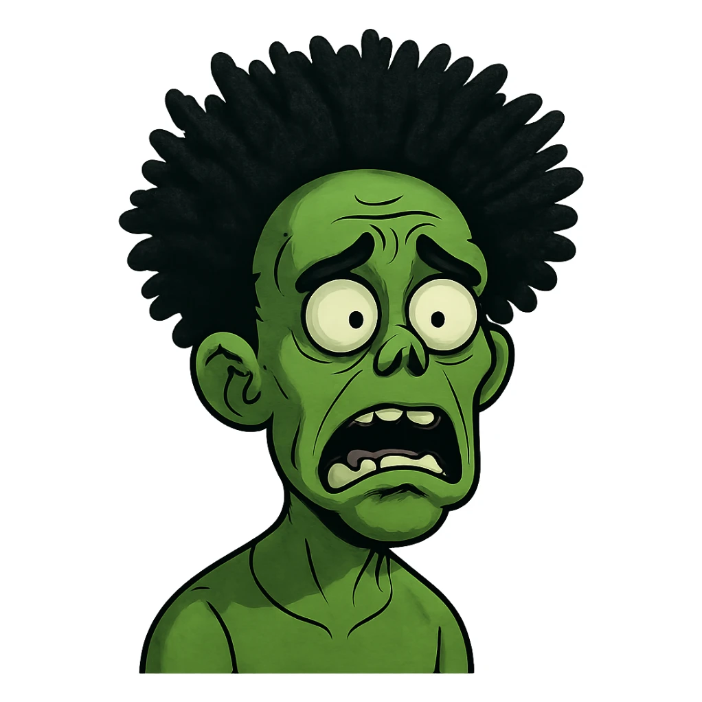 green zombie with black spiky afro-textured hair, expressive face sticker
