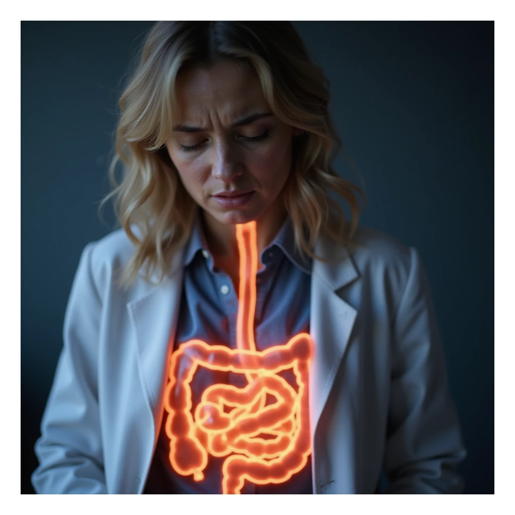 close-up hyperrealistic 4K image of a woman with autoimmune disease, expression of pain, transparent anatomical illustration showing inflamed intestine, medical environment sticker