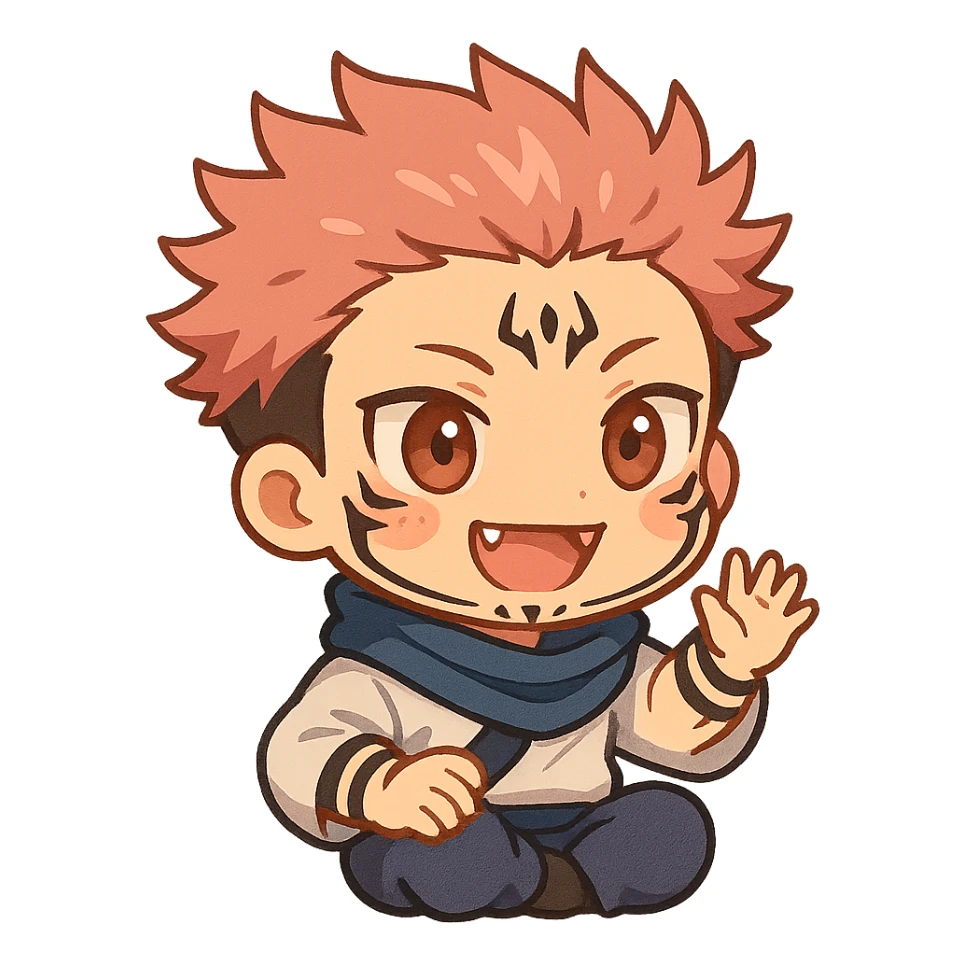 Sukuna in chibi style, with tiny fangs and markings, anime-inspired, vibrant colors sticker