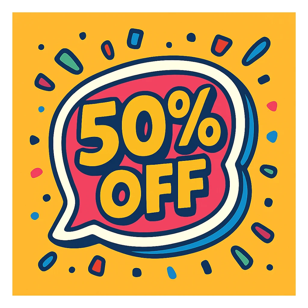 playful '50% OFF' sticker with confetti and bright colors, fun and energetic look sticker
