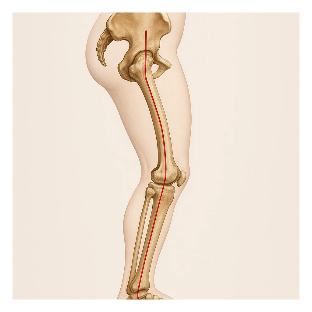 Hyperrealistic anatomical illustration 4K, rear view, 1:1 proportion, varus knee seen from the side, pelvis bones, femur, tibia, and fibula clearly highlighted, red mechanical axis line, realistic details, medical style, neutral background. sticker