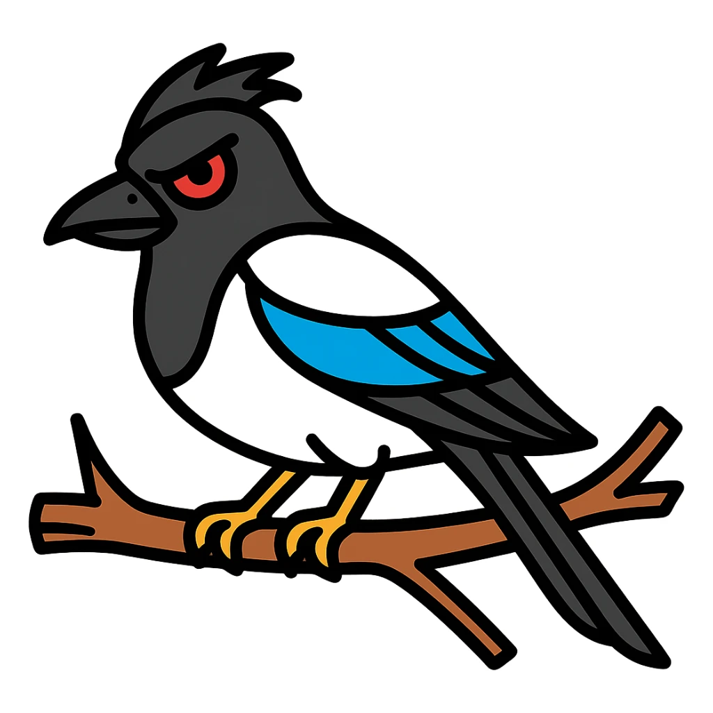 Make the magpie perched on a branch look evil with sinister eyes and a mischievous expression, no background. sticker