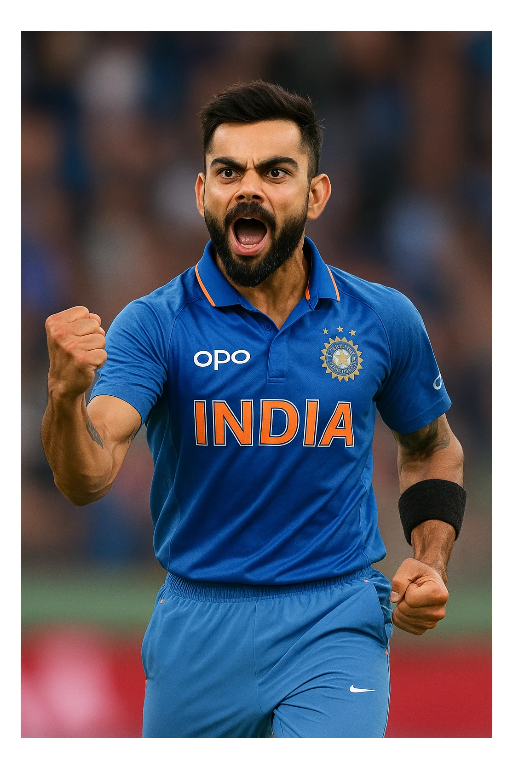 Virat Kohli, Indian cricketer, energetic pose, short beard, blue jersey, expressive eyes, iconic hairstyle, sports vibe sticker