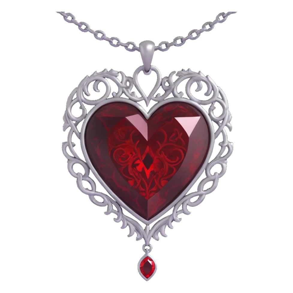 gothic heart, black velvet texture, silver chain, blood red gemstone, ornate and dramatic style, swirling dark mist sticker