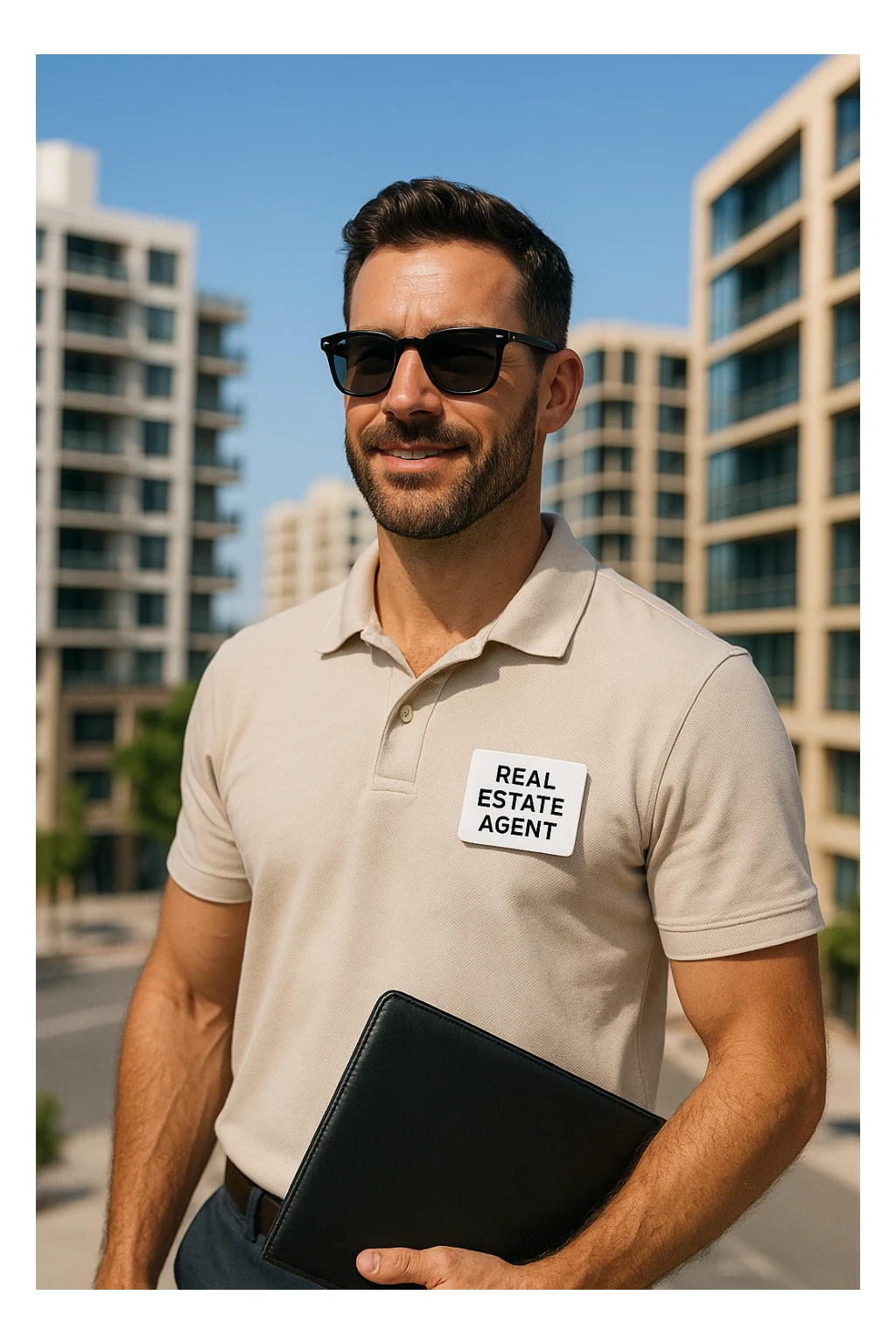 male real estate agent with sunglasses, summer style, light polo shirt, professional yet relaxed attitude, bright urban background sticker