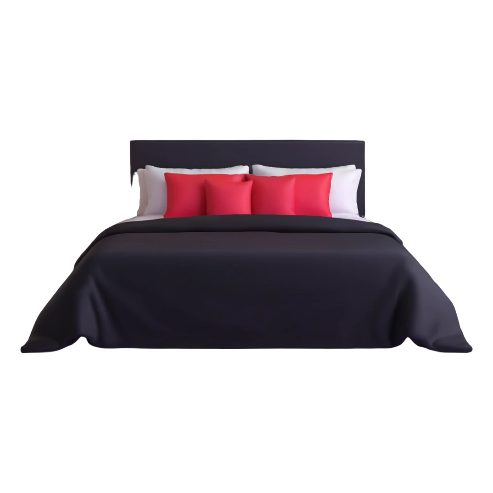 dark bedroom with black walls, black bed frame with black sheets, framed paintings of magic 8 balls and cherries, black nightstand with red LED lights sticker