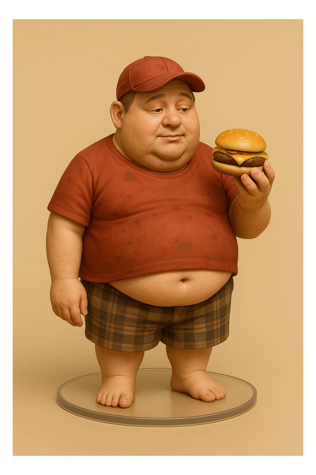 Сгенерируй в таком же стиле, на такой же подставке, толстяка в красной футболке немного грязной, кепке, клетчатых шортах. Из под футболки виднеется пузо. А в руках бургер, лицо обычное. sticker