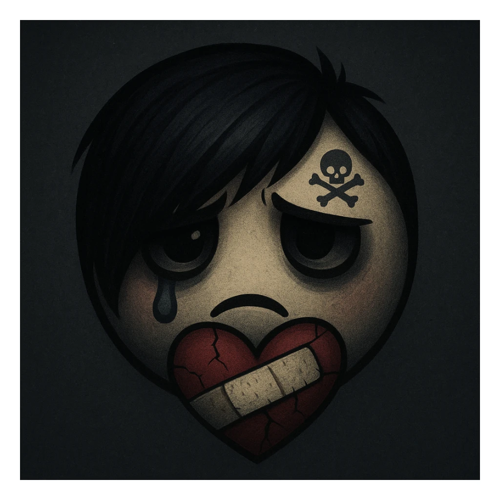 emo emoji, bandaged heart, dark colors, subtle skull or cross motif, emotional expression sticker