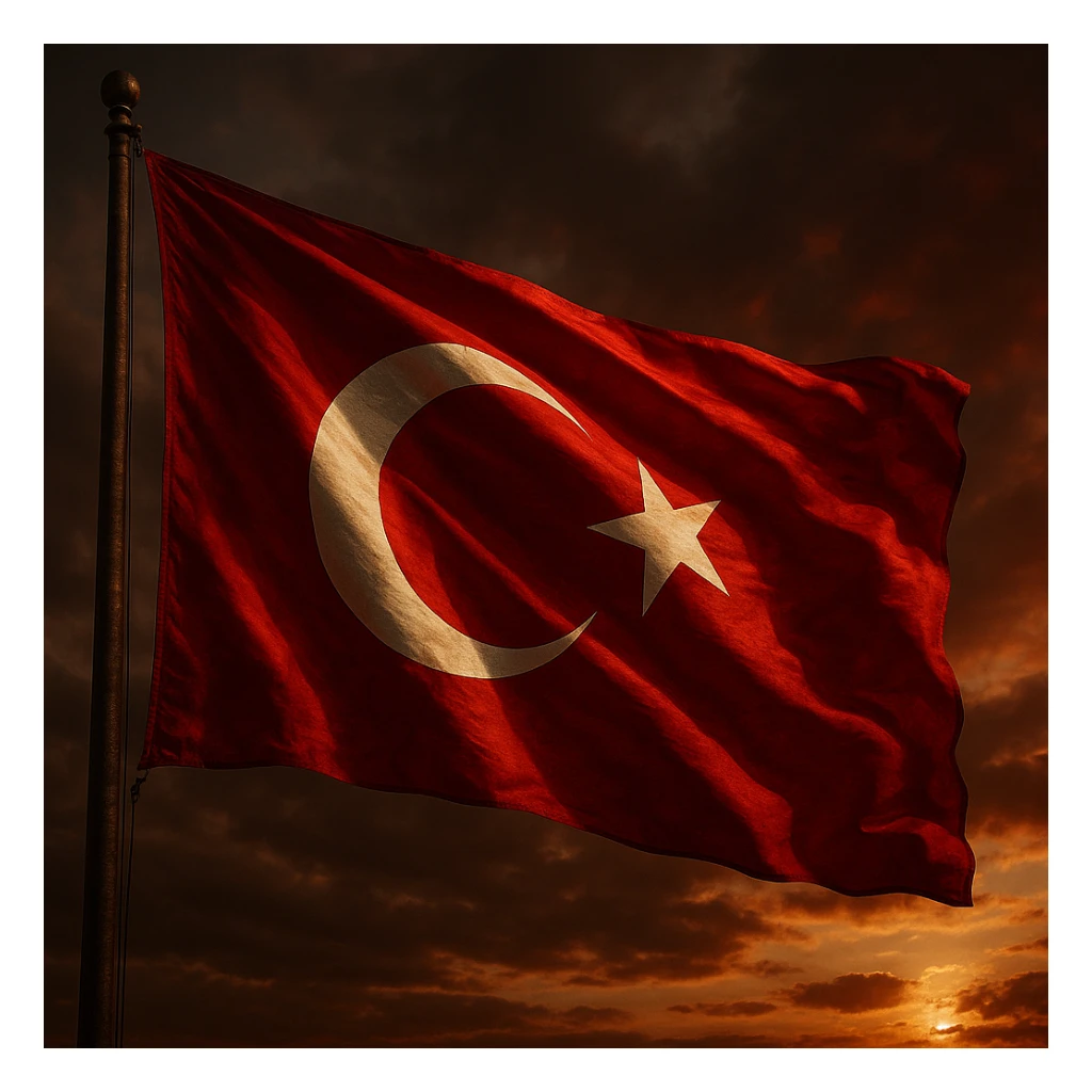 A majestic Turkish flag with a dramatic red background, white crescent and star, waving in the wind, high detail, realistic lighting, cinematic and symbolic. sticker