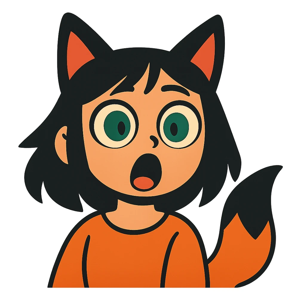 a surprised girl with huge green eyes, black fox ears, and a tail, dark hair sticker