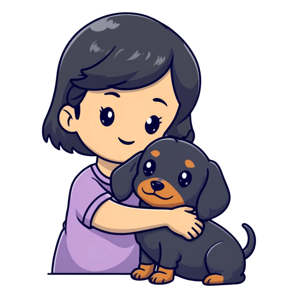 black hair asian girl hugging black dachshund sticker