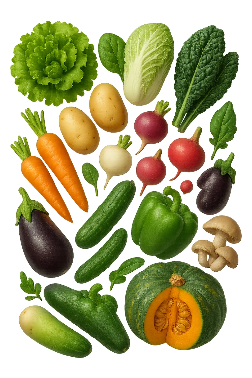 emoji stile iphone 3d di Lattuga, spinaci, cavolo cinese, cavolo nero
Patate, carote, rape, ravanelli
Melanzane, cetrioli, peperoni verdi
Funghi ostrica
Zucca kabocha
 che fluttuano in aria, iperealistico 4k sticker