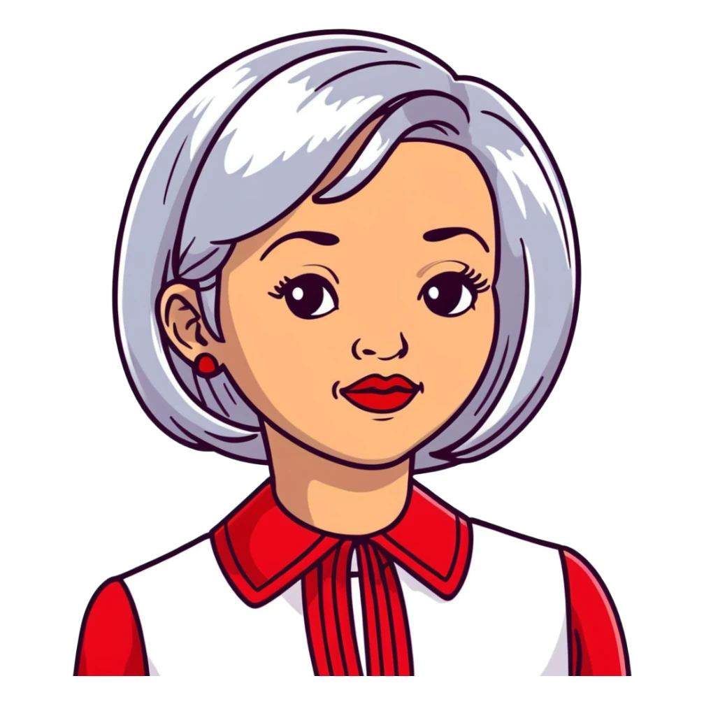 Elegant Hispanic senior woman, 70s, with silver bob haircut, bright complexion, marked cheekbones, almond-shaped hazel eyes, wearing red lipstick and a red structured collar blouse sticker
