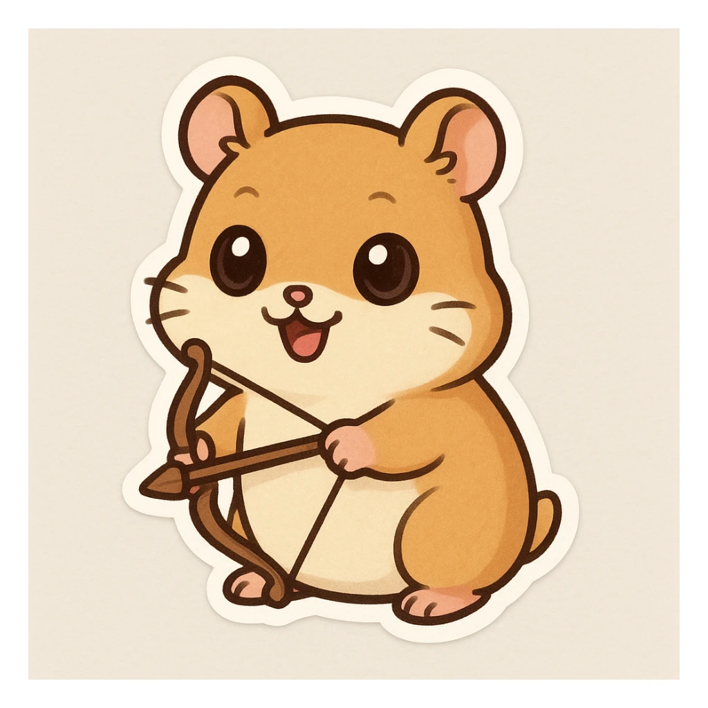 stylized hamster with big eyes, holding a bow, cheerful vibe sticker