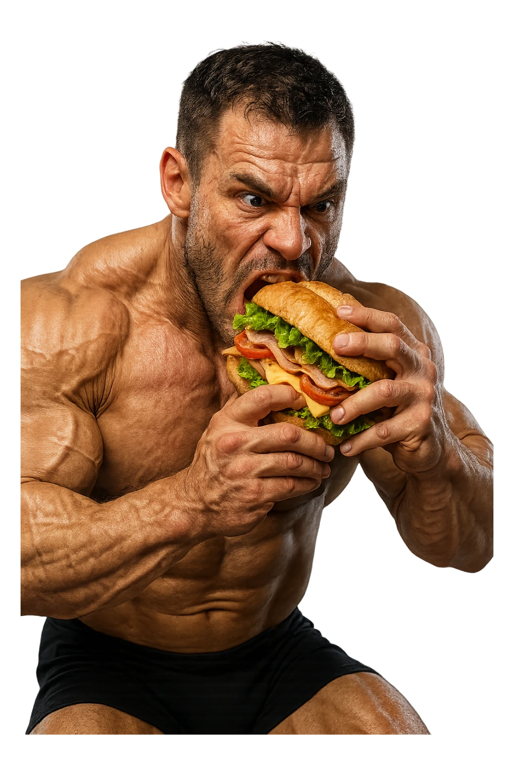 bodybuilder che mangia affamato un panino, iperrealistico 4k sticker