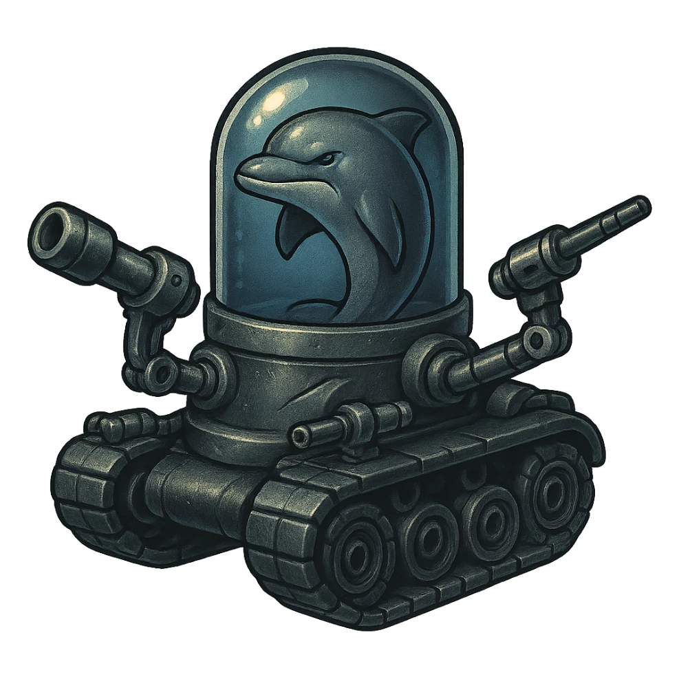 Create a retro sticker style image of a dolphin in a water tank mounted on tank treads, with robotic arms equipped with ranged weapons. The dolphin and tank should look very menacing with a gritty metallic look. The water in the tank is always blue. No border around the image. sticker