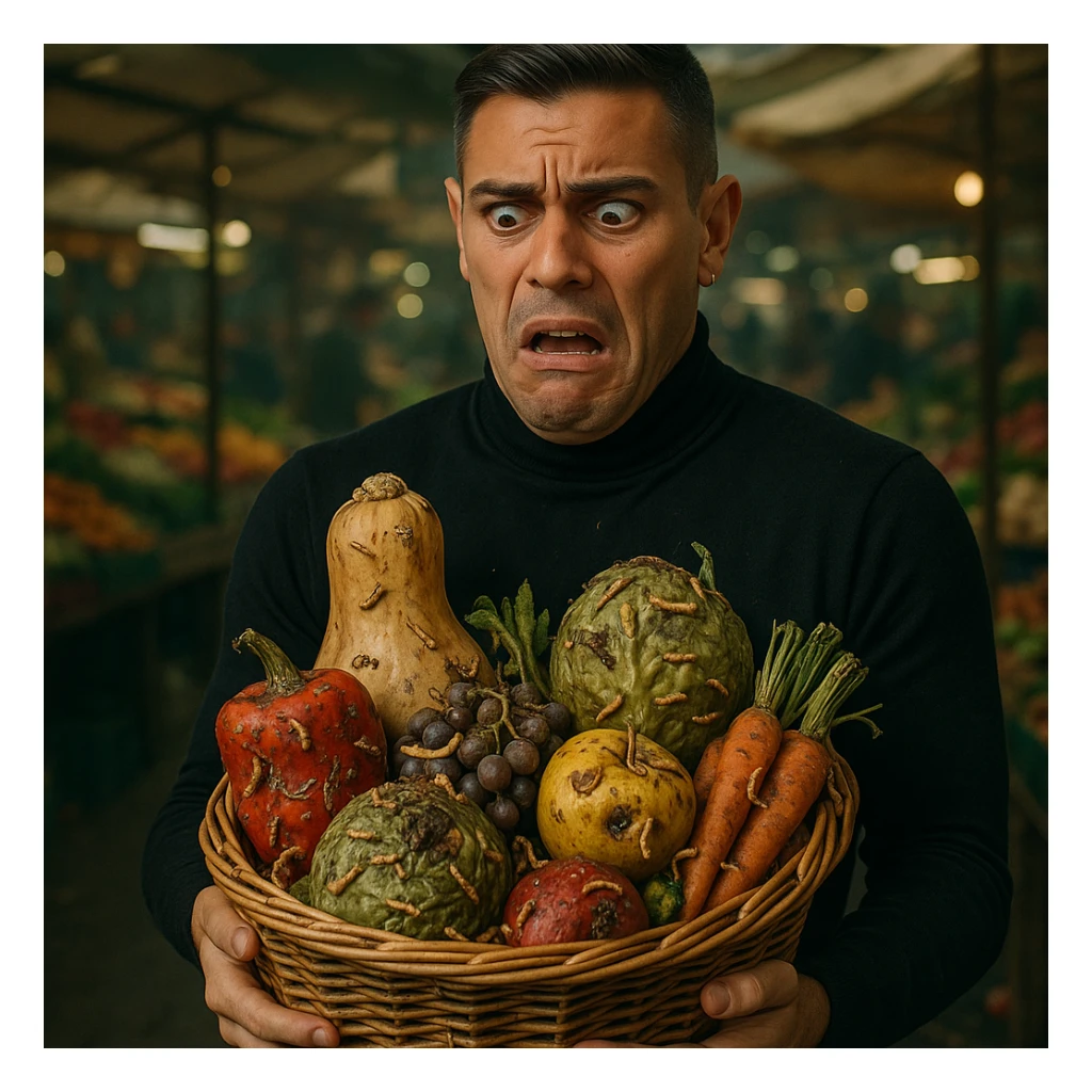 Create a realistic or semi-realistic style image of a 30-year-old man inspired by the reference image, holding a basket of fruits and vegetables. The man has a shocked or disgusted expression. The produce has visible worms, larvae, and insects. The background is a market. Focus on textures and a health risk atmosphere. sticker