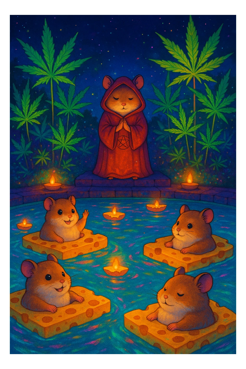 Night-time hamster cult pool party with weed leaves, cheese floats, dazzling saturated colors, magical colorful Ghibli style sticker