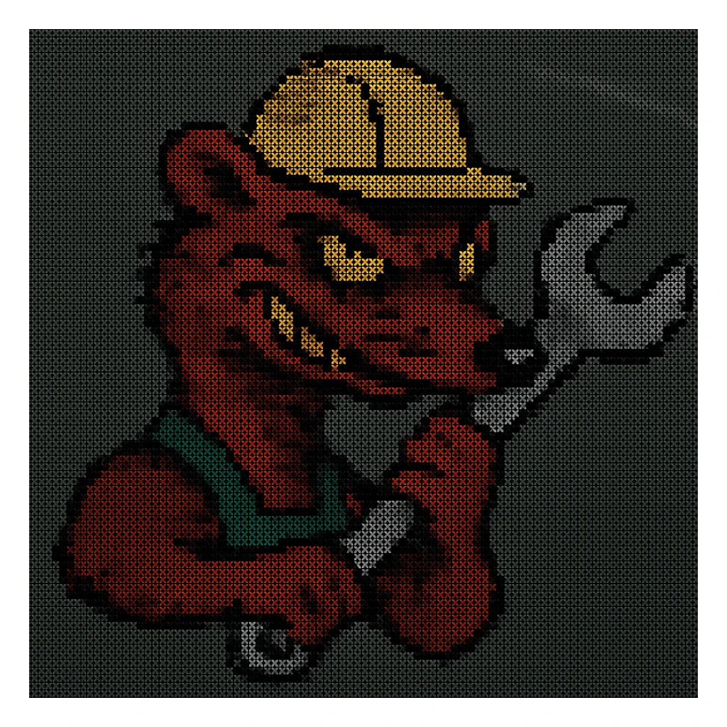 AN ANTHROPOMORPHIC WEASEL WITH A HARDHAT AND A LARGE SPANNER WRENCH - AIRPLANE FUSELAGE nose art 1940s era - he has a very VERY dark and mischevious look in his eye- grinning - digital scanner projection, virtual digital RETRO DOS ASCII ART [low resolution] sticker