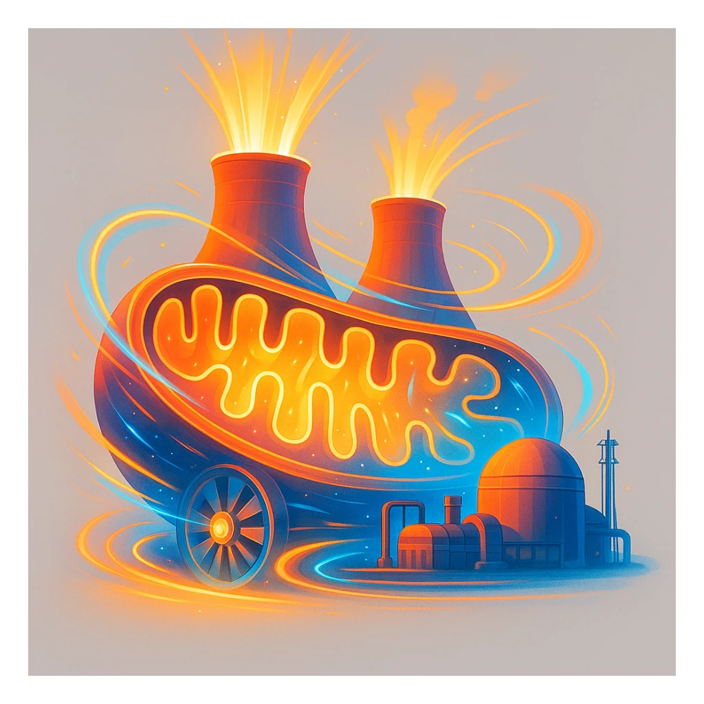 mitochondria-nuclear power plant in DALL·E 3 style, creative and modern atmosphere, energetic details like light flows and turbines, bright colors, no extraneous elements, neutral background sticker